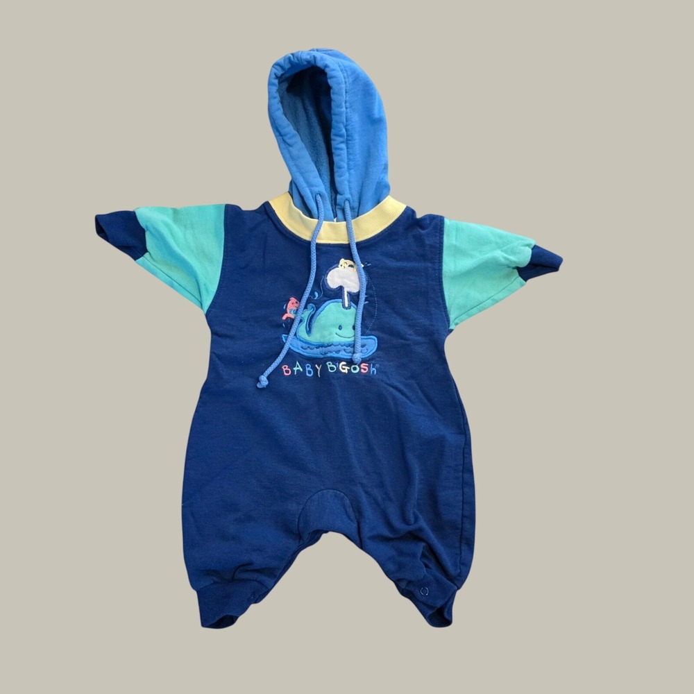 Vintage Oshkosh Bgosh Whale Romper Baby Boy 3/6 Month Nautical Hooded Colorblock